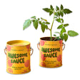 Cherry tomato grow kit in reusable printed paint can labeled “Awesome Sauce” for indoor gardening and gifting