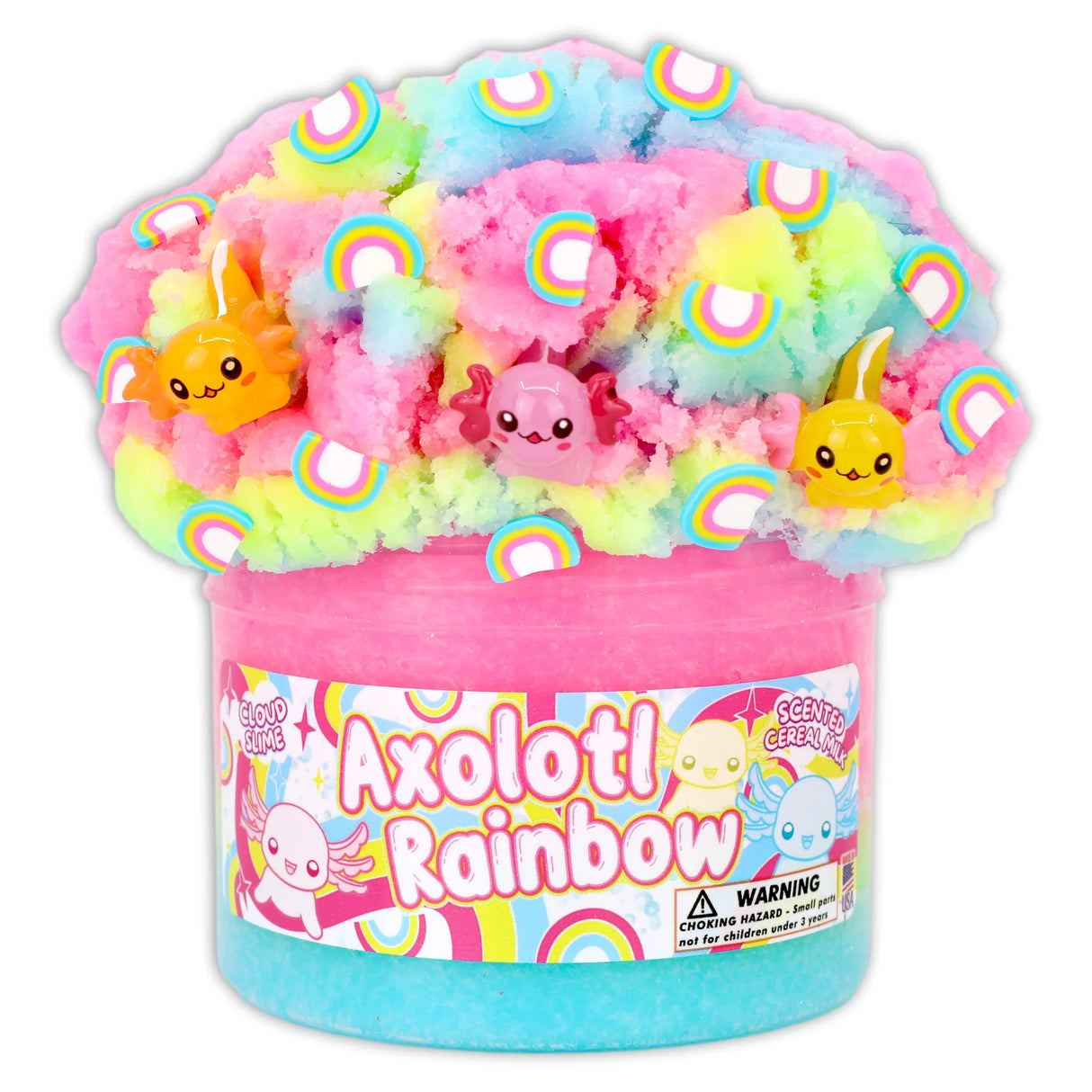 Tri-colored cloud slime with axolotl charms, rainbow fimos, and cereal milk scent