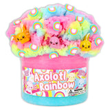 Tri-colored cloud slime with axolotl charms, rainbow fimos, and cereal milk scent