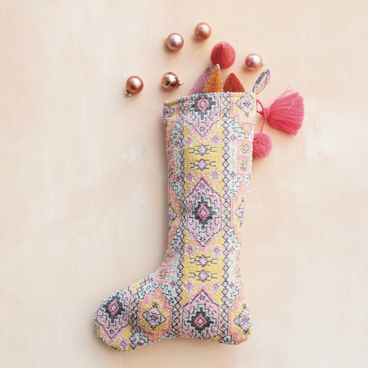 Western Woven Cotton Stocking with Tassel & Pom Poms - Thumbnail 2