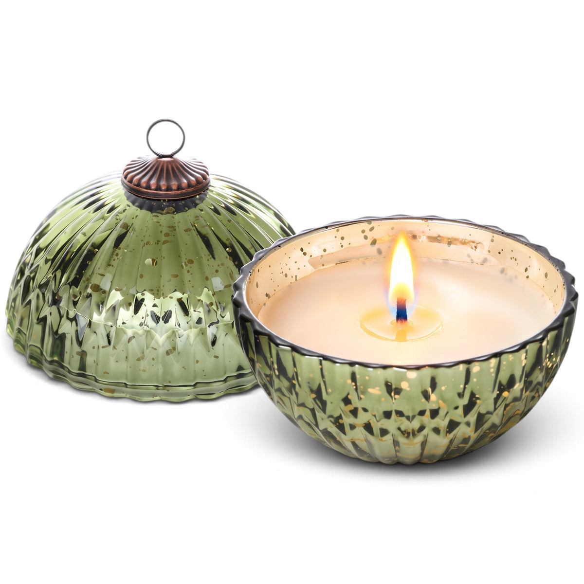 ILLUME Balsam & Cedar candle in a ribbed green mercury glass ornament vessel with a matching lid and metal loop.