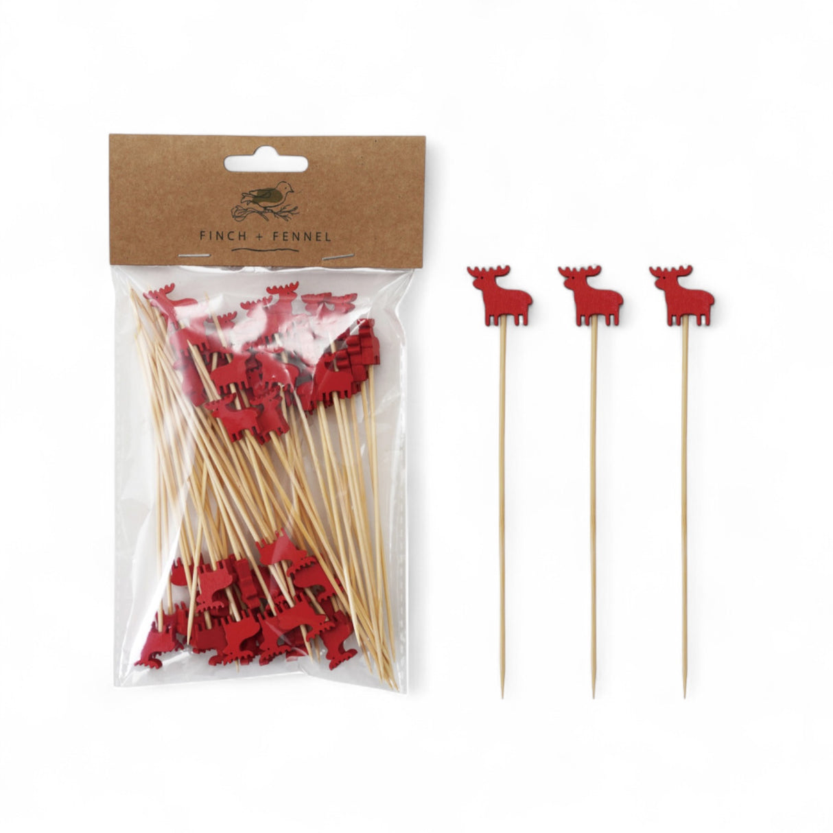 Set of 50 bamboo party picks with red moose handles, natural bamboo sticks, 5 inches long.