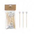 Set of 50 bamboo party picks with white snowflake handles, natural bamboo sticks, 5 inches long.