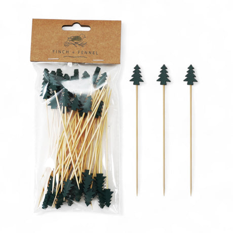 Set of 50 bamboo party picks with tree-shaped handles, natural and brown, 5 inches long.