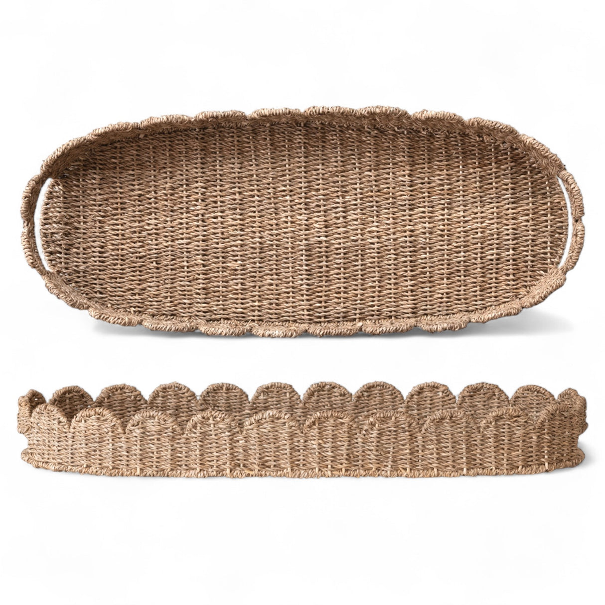 Hand-woven natural bankuan scalloped tray with handles, 32 inches long.