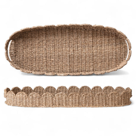 Hand-woven natural bankuan scalloped tray with handles, 32 inches long.