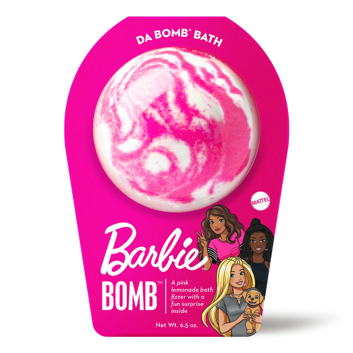 Barbie Pink Swirl bath bomb with a pink-and-white design in bright pink Da Bomb packaging