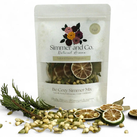 Be Cozy simmer mix with jasmine, cardamom, lime, cedar, and bay leaf in 4oz pouch
