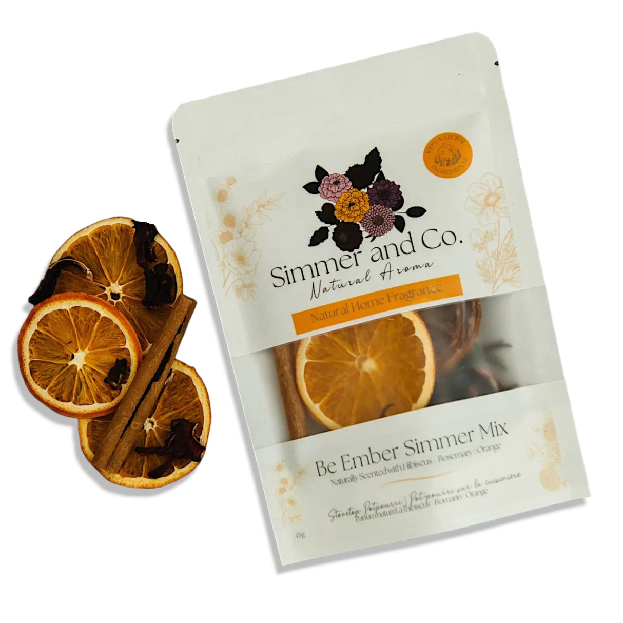 Be Ember stovetop simmer mix with orange, rosemary, cinnamon, and hibiscus in 4oz pouch