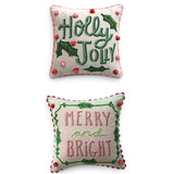 Holly Jolly and Merry and Bright square linen pillows with beaded lettering, embroidered green leaves, and red and pink pompoms