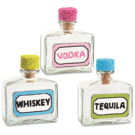 Beaded glass liquor decanter with cork stopper available in vodka, whiskey, or tequila design