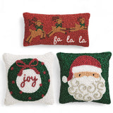 Beaded mini holiday pillows in three styles: Santa, wreath with joy, and reindeer with fa la la