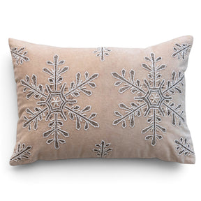 Taupe cotton velvet lumbar pillow with large embroidered snowflakes, white stitching, and silver-toned bead detailing
