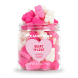 Small jar of Beary in Love gummy bears with pink and white bears in strawberry, watermelon, and pineapple flavors for Valentine’s Day gifts