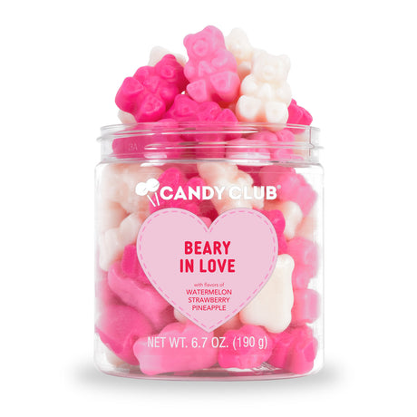 Small jar of Beary in Love gummy bears with pink and white bears in strawberry, watermelon, and pineapple flavors for Valentine’s Day gifts