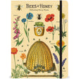 Vintage bees and honey-themed notebook featuring botanical illustrations of pollinating plants, honeybees, and a beehive, with cream lined pages and an elastic closure.