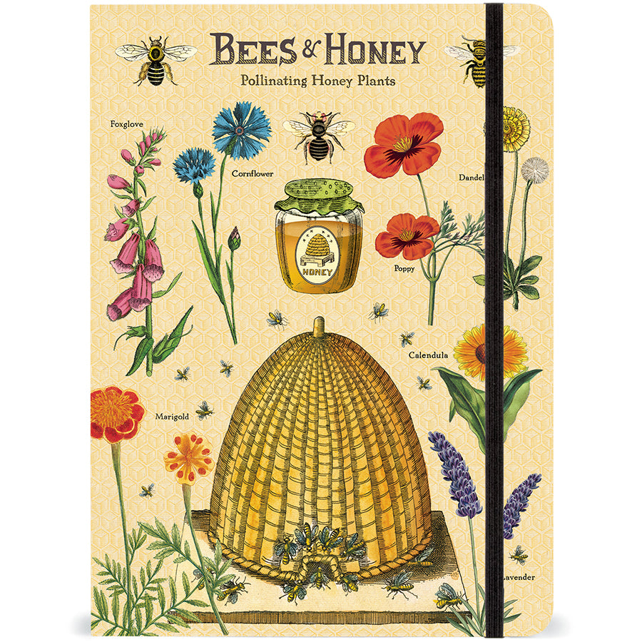 Vintage bees and honey-themed notebook featuring botanical illustrations of pollinating plants, honeybees, and a beehive, with cream lined pages and an elastic closure.