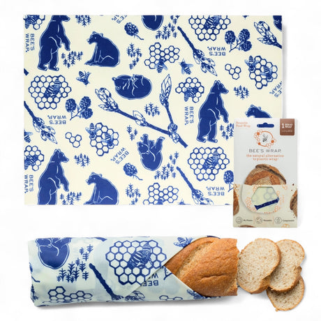 Bee’s Wrap Bees & Bears reusable bread wrap with blue bear and bee print, extra-large size