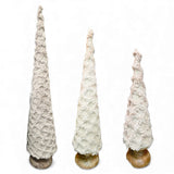 beige fuzzy cone-shaped holiday trees with wood bases