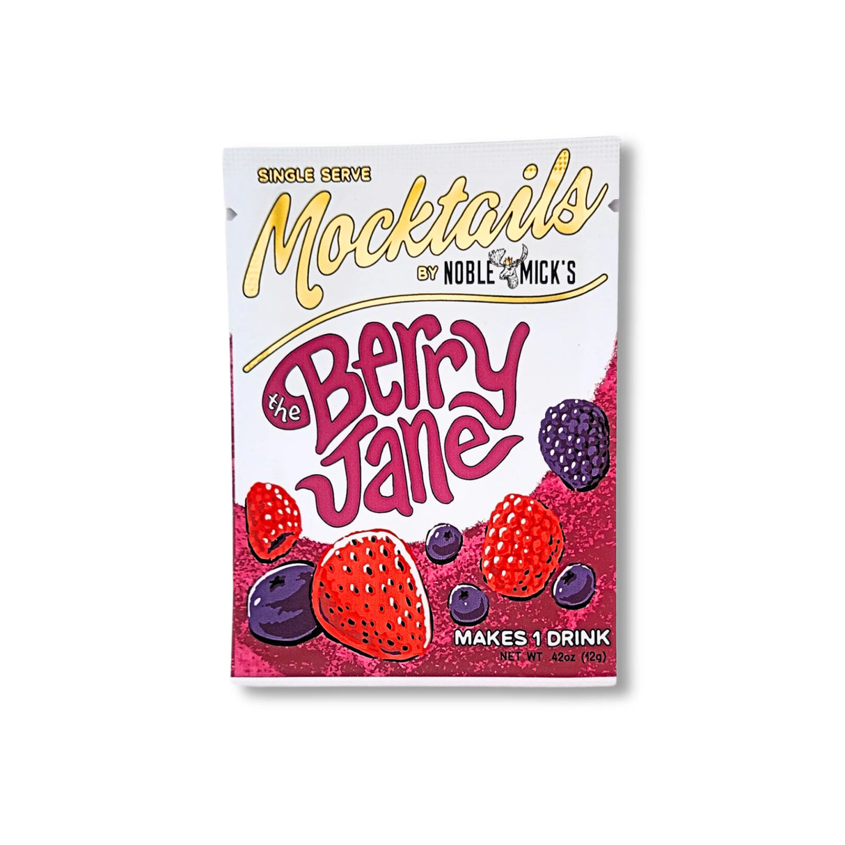 Berry Jane single serve craft mocktail mix by Noble Mick’s nonalcoholic berry drink packet