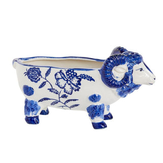 blue and white chinoiserie ram ceramic planter