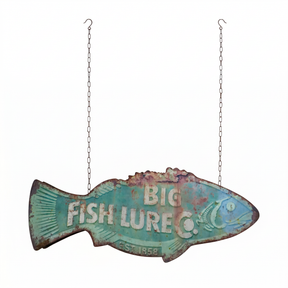 Vintage fish shaped metal wall decor Big Fish Lure Co distressed hanging sign coastal lake house decor
