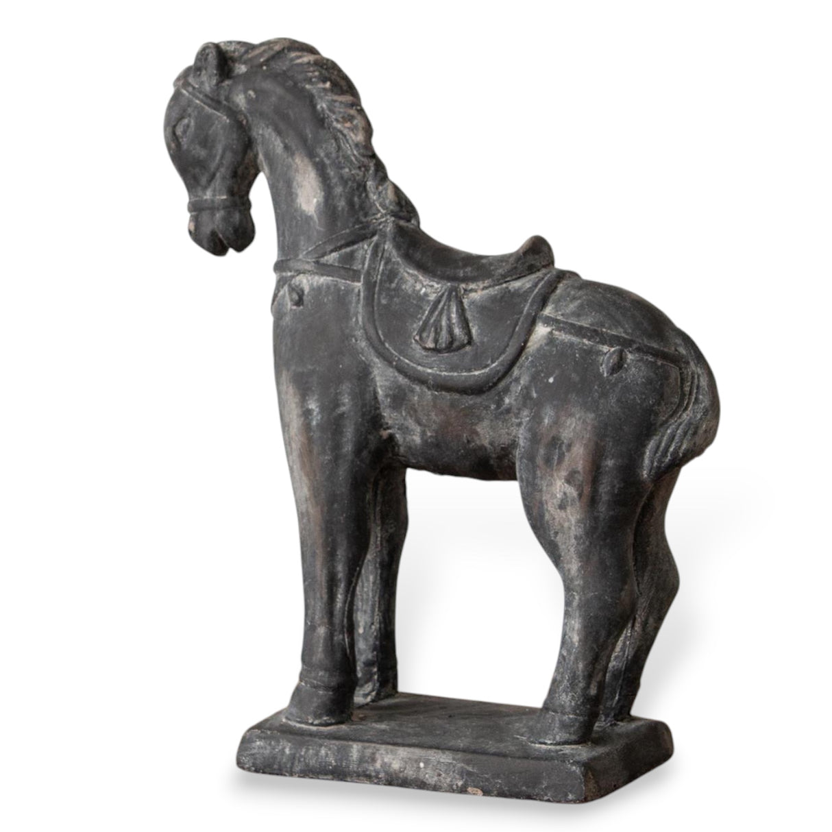 Black distressed cement horse sculpture with vintage detailing