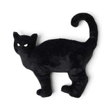 faux fur cat-shaped Halloween pillow with curled tail and white eyes