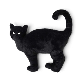 faux fur cat-shaped Halloween pillow with curled tail and white eyes