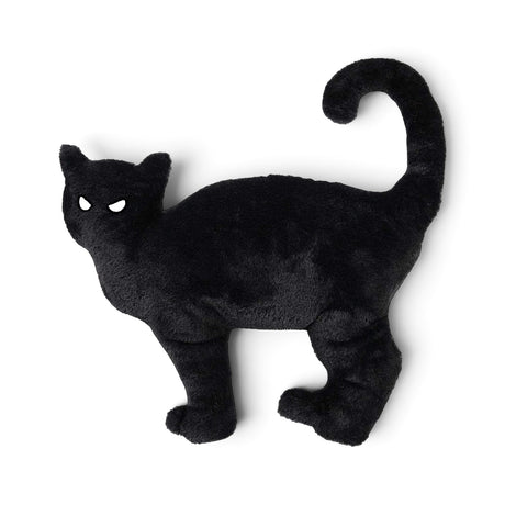faux fur cat-shaped Halloween pillow with curled tail and white eyes