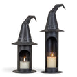 Black metal witch hat pillar candle holder in two sizes for Halloween decor
