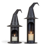 Black metal witch hat pillar candle holder in two sizes for Halloween decor
