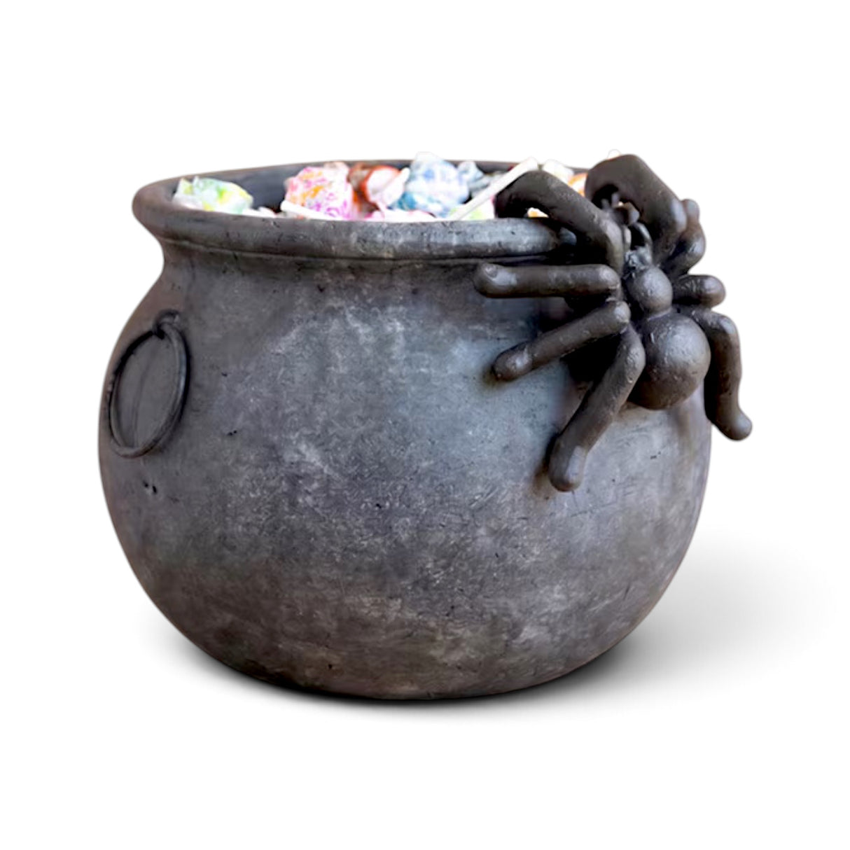 Black terracotta Halloween candy cauldron with removable spider and moveable handles