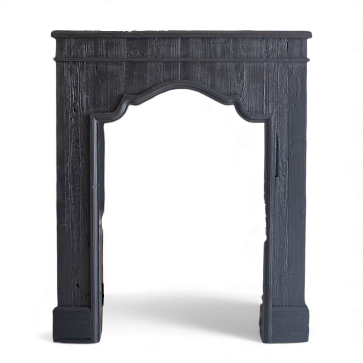 Black wooden mantle with open center for decor or storage, styled for holiday display
