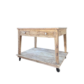 Bleached wood kitchen island with a white marble top, two drawers, lower shelf, and wheels, measuring 46" x 36" x 34".