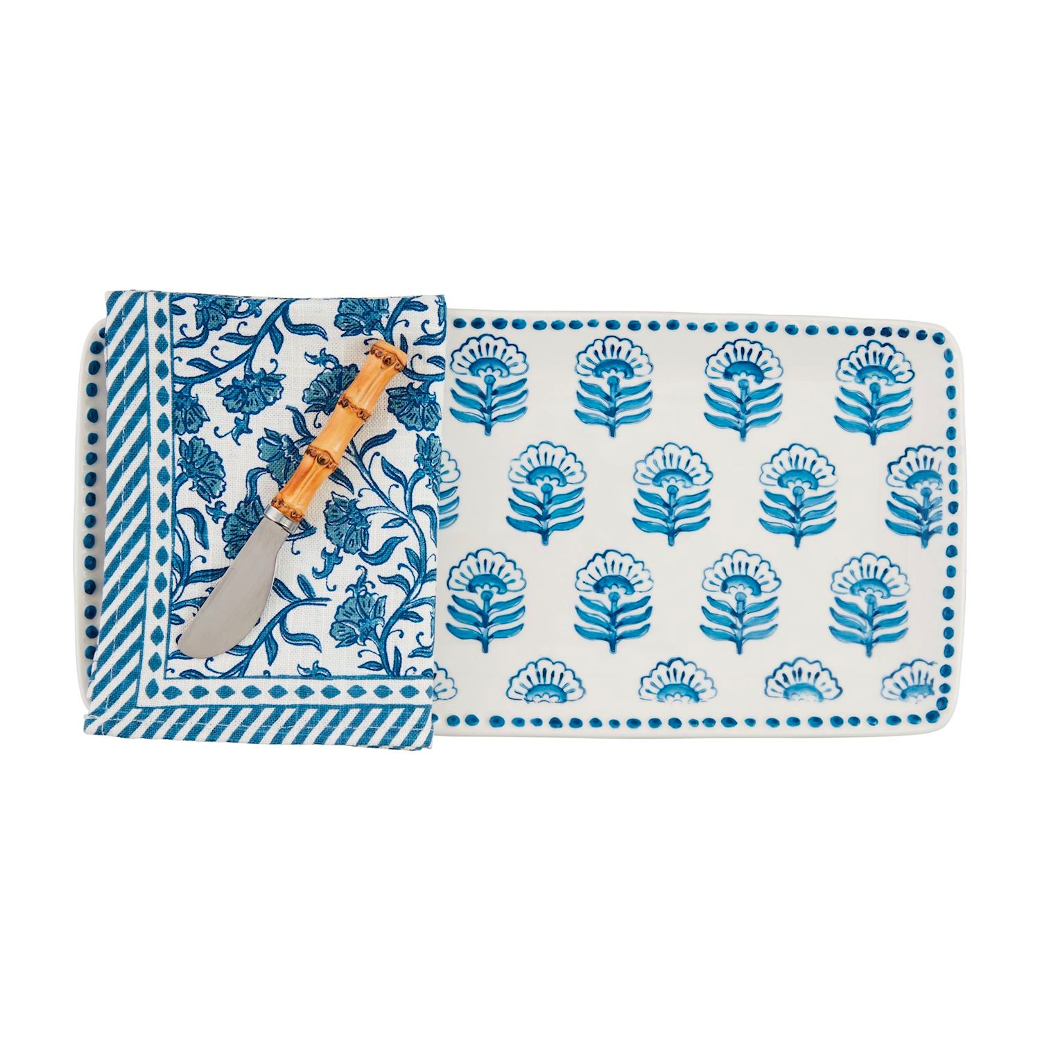Blue Floral Block Print Tray & Towel Set