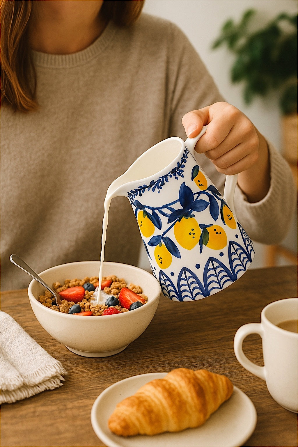 Hand-Painted Stoneware Blue & Yellow Lemon Pitcher