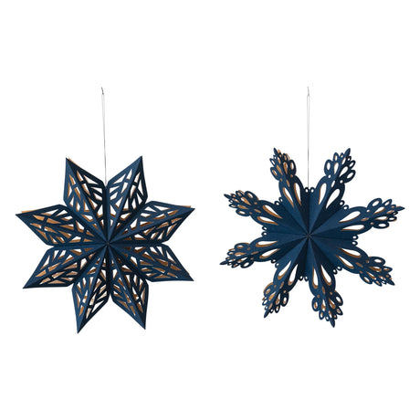 blue paper snowflakes with gold accents by creative co-op