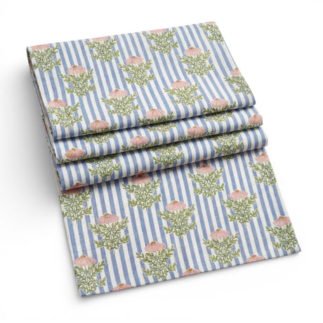 Blue striped floral table runner 16 x 60 by Geometry with pink flowers and green stems