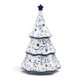 White ceramic LED Christmas tree with blue botanical designs, ballet slippers, star cutouts, scalloped tiers, and a blue star topper

