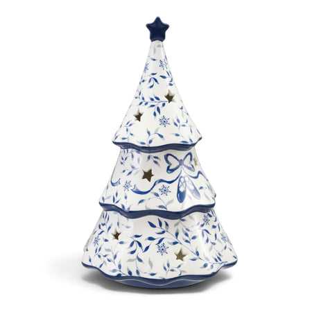 White ceramic LED Christmas tree with blue botanical designs, ballet slippers, star cutouts, scalloped tiers, and a blue star topper
