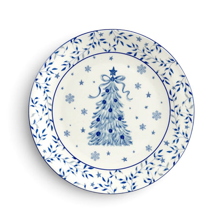 Round white ceramic plate with a blue Christmas tree, ribbon bow, stars, snowflakes, and a leafy blue border