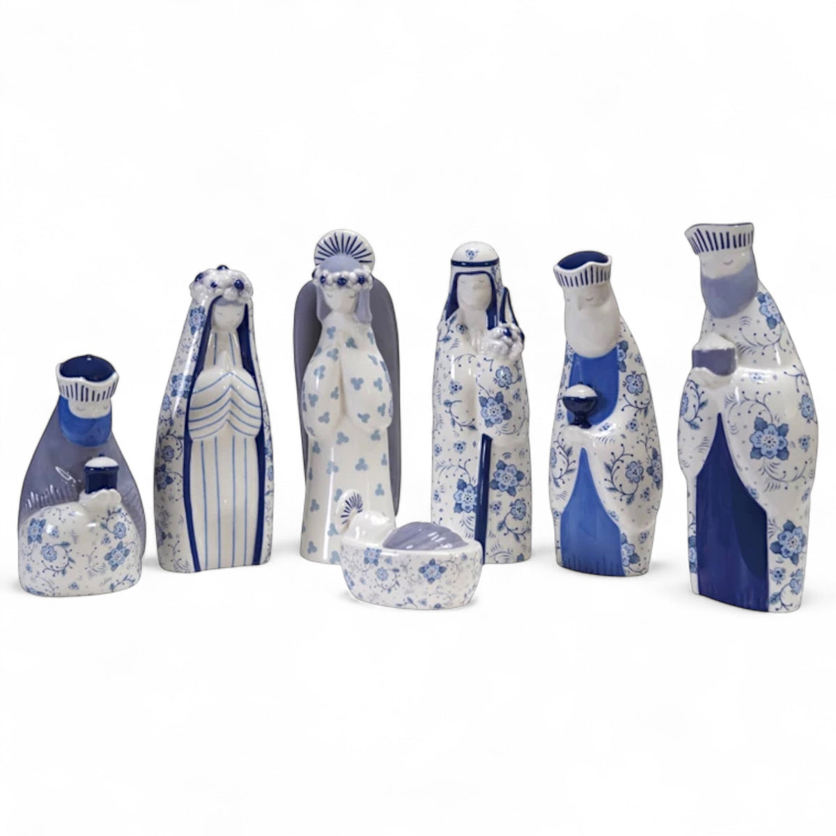 7 piece blue and white ceramic nativity set with floral pattern