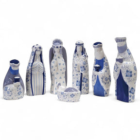 7 piece blue and white ceramic nativity set with floral pattern