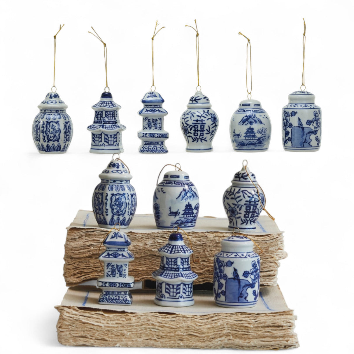 Blue and white stoneware ginger jar Christmas ornaments, set of six styles