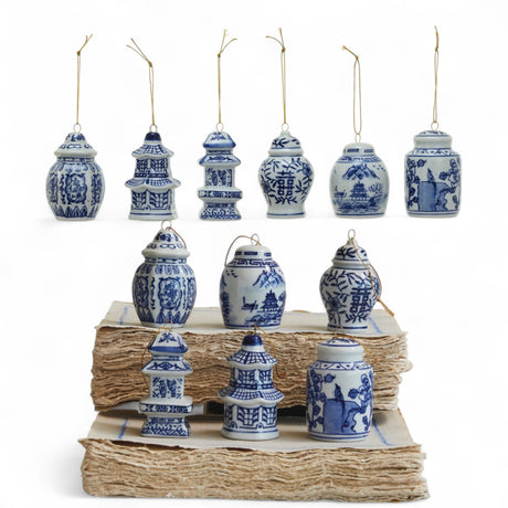 Blue and white stoneware ginger jar Christmas ornaments, set of six styles