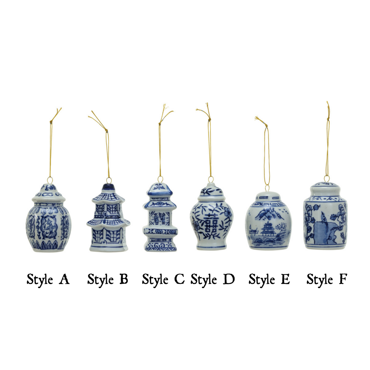 Blue and white stoneware ginger jar Christmas ornaments, set of six styles