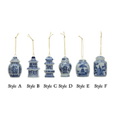 Blue and white stoneware ginger jar Christmas ornaments, set of six styles