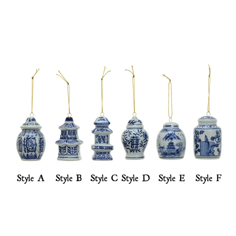 Blue and white stoneware ginger jar Christmas ornaments, set of six styles