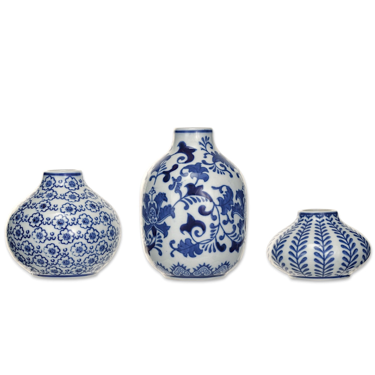 Blue and white hand-stamped stoneware vases with patterns